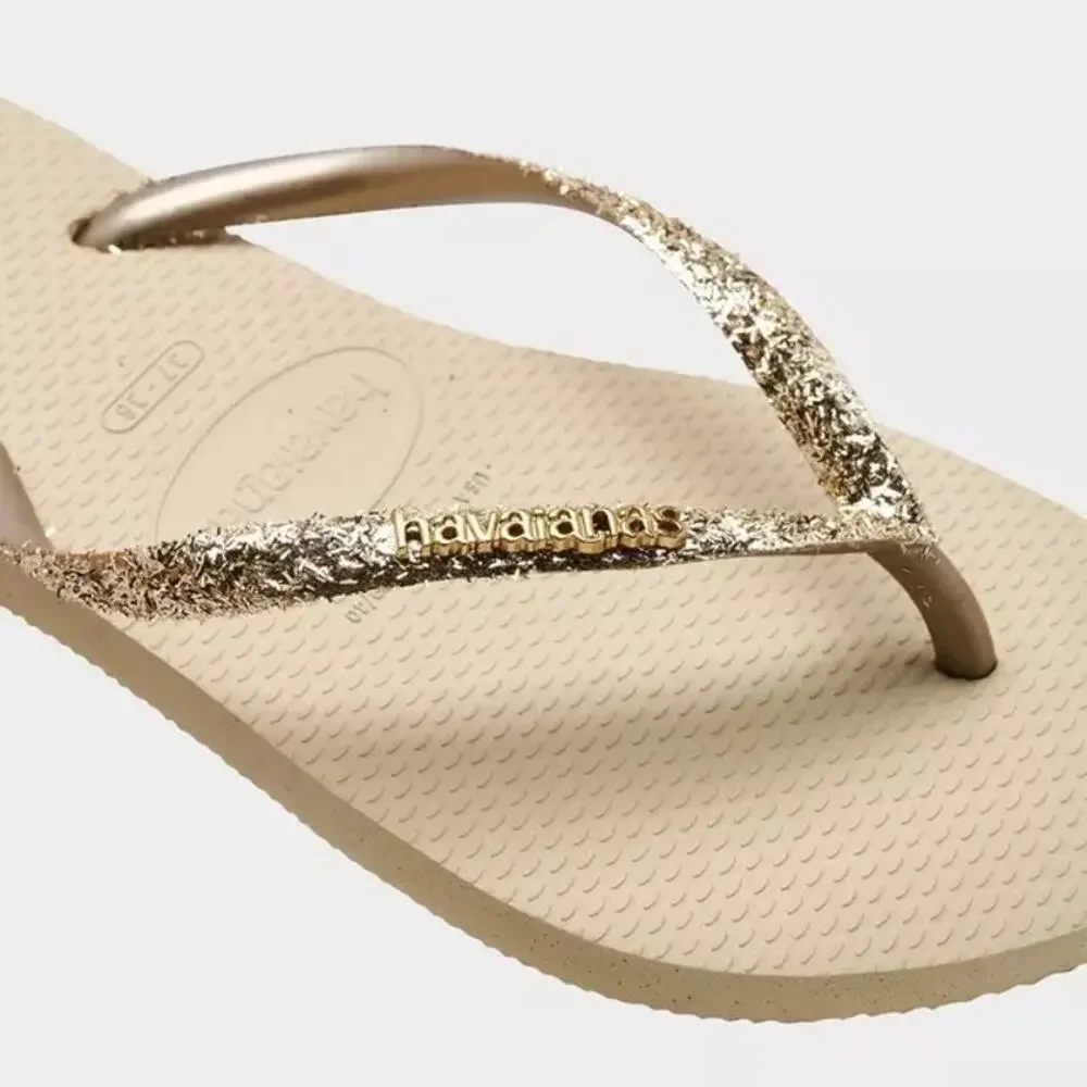 Havaianas Kids Slim Glitter II Sand Grey Flip Flops 3/4Y Gold Straps NWT